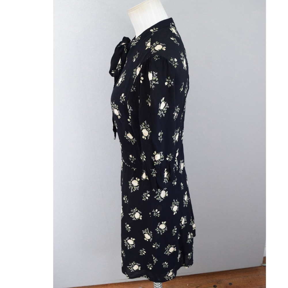 Reformation Cassie Mini Dress 4 Black Floral Tie Neck Dark Floral Puff Sleeve - Picture 2 of 5